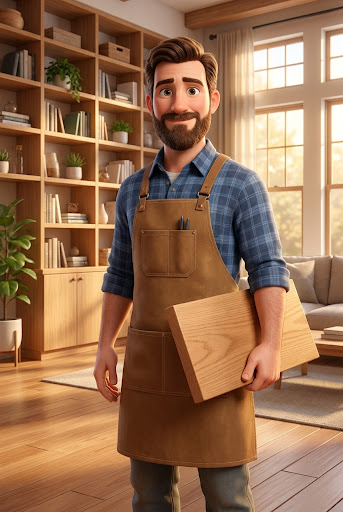 Illustrated Stitch Cabinets carpenter mascot holding wood cabinet material in a warm built-in room